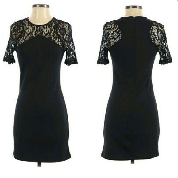 CO Lace Illusion Neckline Short Sleeve Crew Neck Stretch Mini Dress Black Sz S - Picture 1 of 9